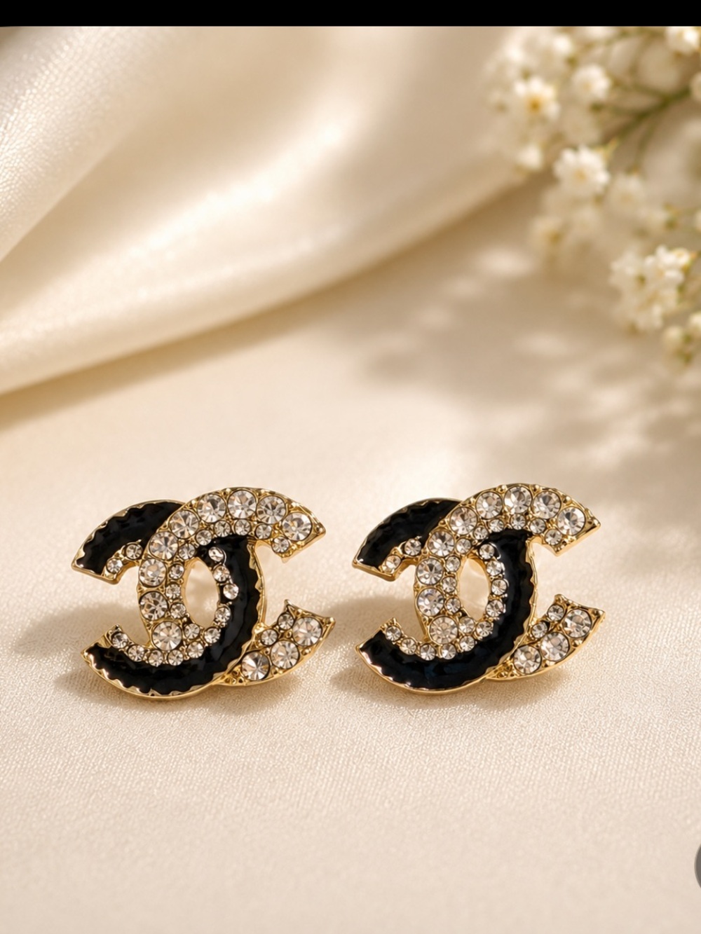 Black and Gold Crystal CC Stud Earrings